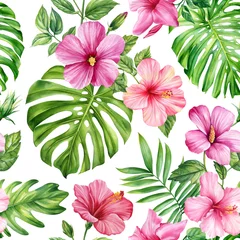 Fototapete Tropische Pflanzen seamless pattern Palm leaves, Jungle monstera leaf, hibiscus flower. Tropical green plant watercolor botanical painting 