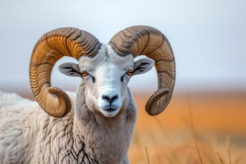Majestic Bighorn Sheep with Curled Horns, Close-up of a bighorn sheep's head, showcasing its impressive curled horns and attentive gaze.