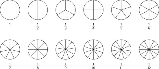 Fractions Pie Geometry Maths Mathematical Education Diagram. Circles divided in segments from 1 to 12 isolated vector illustration - obrazy, fototapety, plakaty