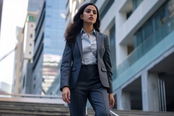 young arab woman in a tailored suit walking in a business district