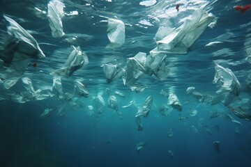 Fototapeta premium Plastic waste submerged in the underwater ocean abyss pollution environment contamination