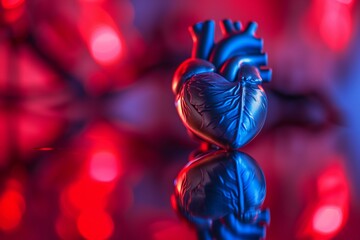 heart model on reflective surface with red and blue lighting