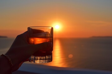 hand holding a glass of cocktail against the backdrop of the setting sun over the sea