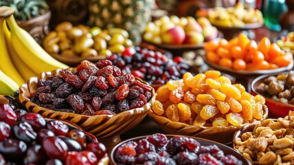 Variety of colorful dried fruits arranged in bowls - obrazy, fototapety, plakaty