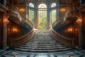 Staircase of the Month A Grand Staircase with a View of the Outdoors Generative AI - obrazy, fototapety, plakaty