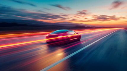 a modern electric car speeding along a highway at dusk, captured with motion blur to convey a sense of swift, silent power inherent to electric vehicles