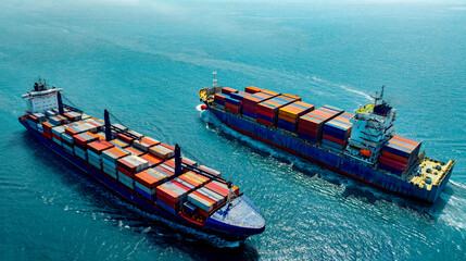 Aerial view of the freight shipping transport system two cargo ship container. international...