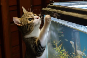 cat with one paw on fish tank lid, peering inside