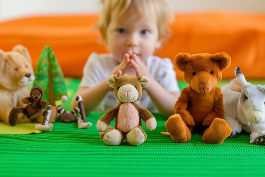 child with forest animal stuffed toys on green mat