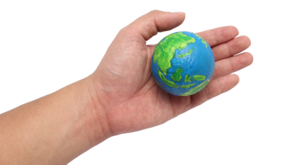 Painted planet earth globe hold in hand, cut out isolated