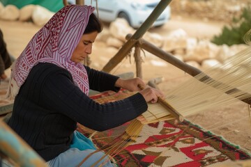 woman weaving traditional bedouin rug outdoors