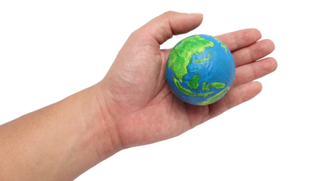 Painted planet earth globe hold in hand, cut out isolated - Powered by Adobe