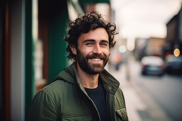 Portrait of a handsome man with curly hair in the city.