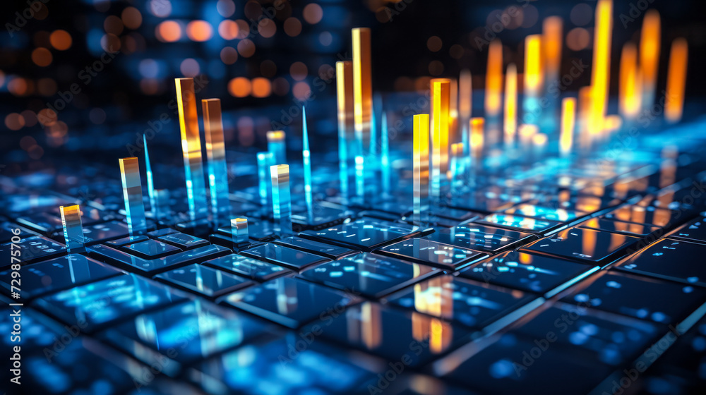 Poster abstract technological background with pulsating light bars on a grid, concept of data analysis, cyb