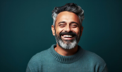 Obraz premium Portrait of a joyful middle-aged South Asian man with salt and pepper hair, smiling in a grey sweater against a teal background