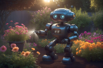 Robot gardener watering flowers in backyard. New technologies in everyday life. Concept of the future, robot doing household chores, delegating homework to robot