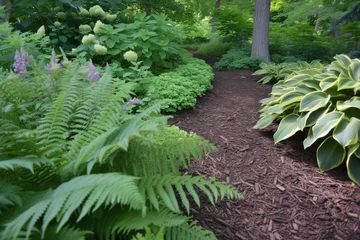 Keuken spatwand met foto mulched track with a gentle spread of ferns and hostas © altitudevisual