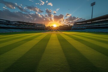 Sunset on the Field A Beautiful Cricket Match in Progress Generative AI - obrazy, fototapety, plakaty