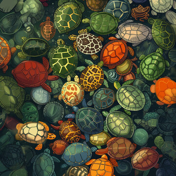 Arial view of a bunch of turtles and their shells, colorful nature turtle pattern