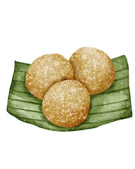Watercolor klepon traditional food on the banana leaves