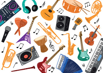 Set of musical instruments colorful vector illustration. Music collection background.	
