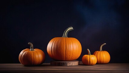 Rustic Halloween Decor: Pumpkins Arranged on Wooden Podium