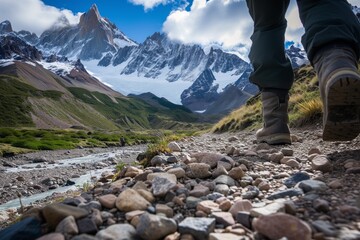 hikers feet on rocky trail, snowcapped mountains ahead