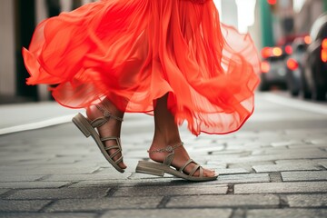 feet in sandals stepping on city street, bright dress swaying - obrazy, fototapety, plakaty