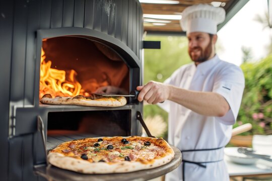 chef pulling pizza from an outdoor oven