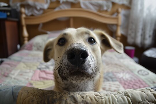 dog with muddy snout on a soft, quilted daybed