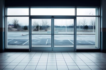 empty parking lot visible through entrance glass doors