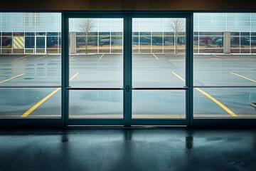 empty parking lot visible through entrance glass doors