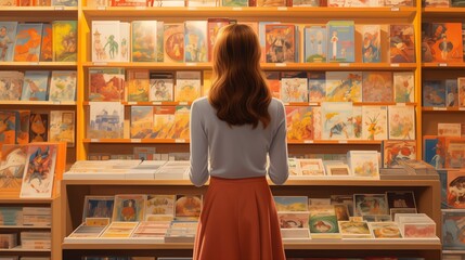 Elegant woman browsing through a collection of illustrated books, enveloped in the warm and tranquil ambiance of a cozy bookstore.