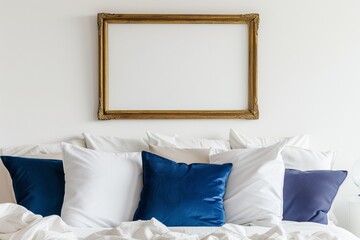 frame above a bed with white linens and blue pillows