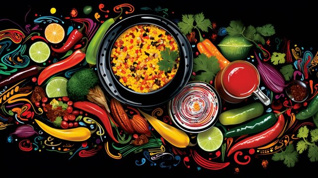 Mexican food mix colorful background Mexico and sombrero generated by ai