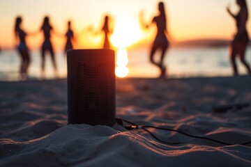 speaker on sand with blurred silhouettes of people dancing by the seaside at sunset
