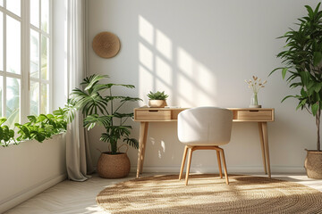 Fototapeta premium Minimalist Scandinavian Interior Home Office Room Plants in Vase, Home Workstation Chair and Desk Couch Sofa Sunlight from window