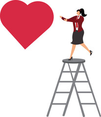 Businesswoman climbing the Ladder and achieving Love's heart