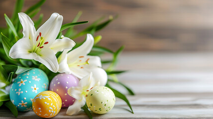 Beautiful flowers white lilies and colorful Easter eggs © Mari