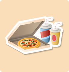 Pizza sticker illustration. Box, straw, cup, cardboard. Editable vector graphic design.