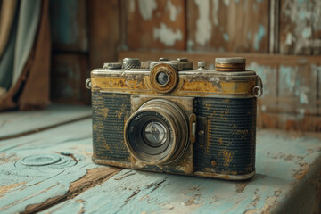 A vintage camera with worn edges, symbolizing the stories captured and the passage of time. Concept of imperfect tools with perfect memories. Generative Ai.