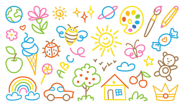 Cute kids hand drawn colored set of simple decorative elements in doodle style. Various icons, childish drawings such as flower, ice cream, candy,sun, house, tree, apple, heart, stars isolated on