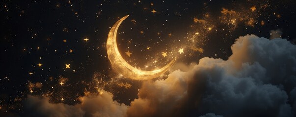 Golden crescent moon with stars and clouds on dark night sky background