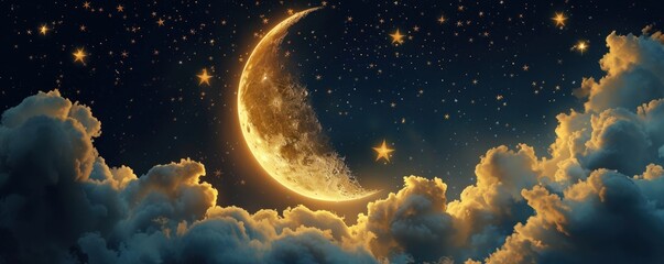 Golden crescent moon with stars and clouds on dark night sky background