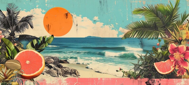 Vibrant vintage collage with tropical palm trees and citrus elements against a pastel seaside backdrop