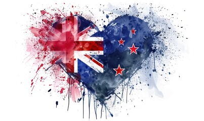 Abstract painted New Zealand flag in heart shape. Template for national holidays.