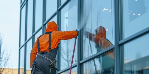 Male professional cleaning service worker cleans the windows