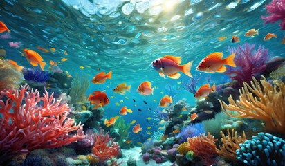 Fototapeta premium underwater scene vibrant coral reef teeming with colorful fish