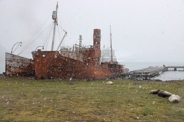 Snowy scene at the former whaling station of Grytviken, South Georgia.
