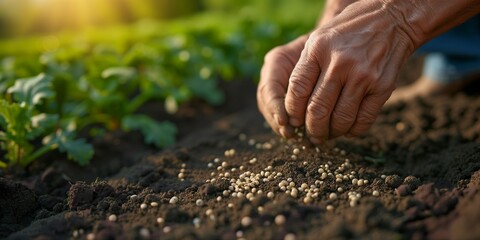 Expert farmer hand sowing seeds of vegetable on prepared soil. Gardening and Agriculture concept. - obrazy, fototapety, plakaty